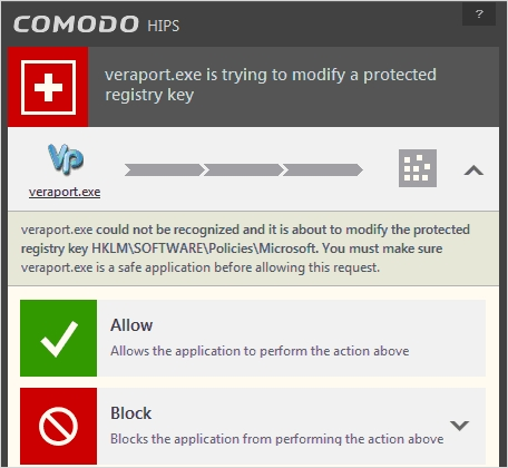 COMODO Firewall 설치 팝업 allow 선택 예시
