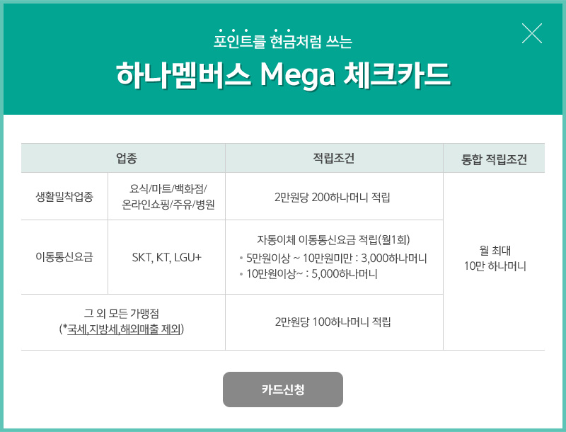 하나멤버스 Mega 체크 카드
